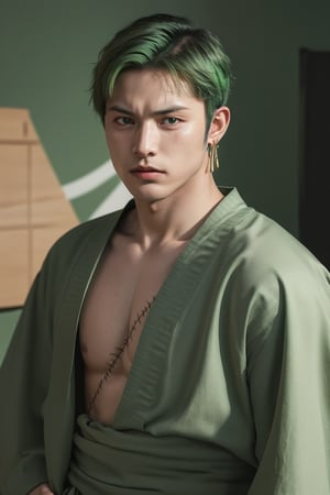 "Ultra-realistic, highly detailed portrait of Zoro from One Piece with short (green hair:1.4), sharp green eyes, (1men:1.5), straight and well-defined nose, thin and stern lips, confident and determined expression, smooth skin, wearing a samurai robe with a sash around his waist and visible scars on his face.",best quality,roronoa zoro,masterpiece, (battlefield background:1.4)