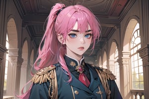 ((Fuchsia hair)), (thick eyebrows), (small chest:1.1), (bangs), ((long ponytail)), blue eyes, mad, wearing a ((militaryl uniform)), red tie, by Raphael, masterpiece, upper body shot, magnificent indoor hall,Argissa,1 girl