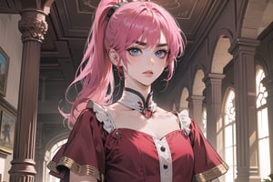 ((Fuchsia hair)), (thick eyebrows), (small chest:1.1), (bangs), ((long ponytail)), blue eyes, mad, wearing a ((red dress)), short sleeve, by Raphael, masterpiece, upper body shot, magnificent indoor hall,Argissa,1 girl