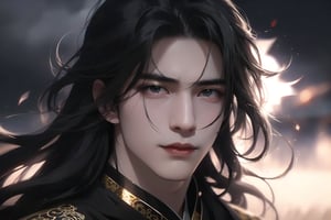 (cowboy shot), dynamic action style, (1man), (male:1.2), mature face, (mature boy:1.2), sinister smirk, (Chinese hanfu with black and gold accents), finely detailed eyes and face, (long black straight hair:1.2), (purple eyes:1.1), (focus on character:1.1), ((solo)), detailed face, detailed eyes, Chinese epic style, clear subject, ultra realistic, ultra detailed, OC rendering, blender, high detail, ultra high quality, dark and ominous atmosphere, dark clouds swirling, subtle mist