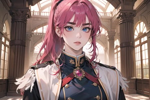 ((Fuchsia hair)), (thick eyebrows), (small chest:1.1), (bangs), ((long ponytail)), blue eyes, mad, wearing a ((militaryl uniform)), red tie, by Raphael, masterpiece, upper body shot, magnificent indoor hall,Argissa,1 girl