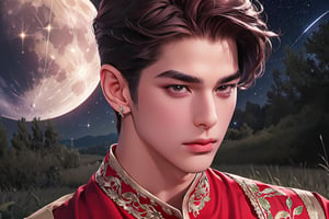 RWA photo, best quality, masterpiece, 8K resolution, ((solo:1.3)), ((1boy)), serious, Europe handsome teen boy, exquisite facial features, wearing luxurious (red Kurta), adorned with ruby earrings, ((brown hair)), ((dark skin)), ((long bangs)), (French Crop), black eyes, (thick eyebrows), close up portrait, perfect figure, cinematic lighting, in starlit night with (big moon)