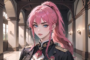 ((Fuchsia hair)), (thick eyebrows), (small chest:1.1), (bangs), ((long ponytail)), blue eyes, mad, wearing a ((militaryl uniform)), red tie, by Raphael, masterpiece, upper body shot, magnificent indoor hall,Argissa,1 girl