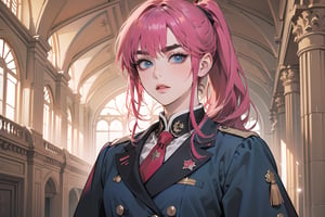 ((Fuchsia hair)), (thick eyebrows), (small chest:1.1), (bangs), ((long ponytail)), blue eyes, mad, wearing a ((militaryl uniform)), red tie, by Raphael, masterpiece, upper body shot, magnificent indoor hall,Argissa,1 girl