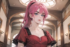 ((Fuchsia hair)), (thick eyebrows), (small chest:1.1), (bangs), ((long ponytail)), blue eyes, mad, wearing a ((red dress)), short sleeve, by Raphael, masterpiece, upper body shot, magnificent indoor hall,Argissa,1 girl