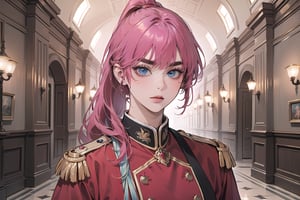 ((Fuchsia hair)), (thick eyebrows), (small chest:1.1), (bangs), ((long ponytail)), blue eyes, mad, wearing a ((militaryl uniform)), red tie, by Raphael, masterpiece, upper body shot, magnificent indoor hall,Argissa,1 girl