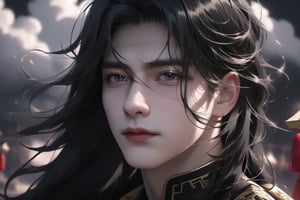 (cowboy shot), dynamic action style, (1man), (male:1.2), mature face, (mature boy:1.2), sinister smirk, (Chinese hanfu with black and gold accents), finely detailed eyes and face, (long black straight hair:1.2), (purple eyes:1.1), (focus on character:1.1), ((solo)), detailed face, detailed eyes, Chinese epic style, clear subject, ultra realistic, ultra detailed, OC rendering, blender, high detail, ultra high quality, dark and ominous atmosphere, dark clouds swirling, subtle mist