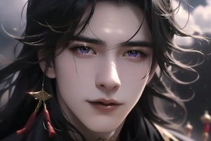 (cowboy shot), dynamic action style, (1man), (male:1.2), mature face, (mature boy:1.2), sinister smirk, (Chinese hanfu with black and gold accents), finely detailed eyes and face, (long black straight hair:1.2), (purple eyes:1.1), (focus on character:1.1), ((solo)), detailed face, detailed eyes, Chinese epic style, clear subject, ultra realistic, ultra detailed, OC rendering, blender, high detail, ultra high quality, dark and ominous atmosphere, dark clouds swirling, subtle mist