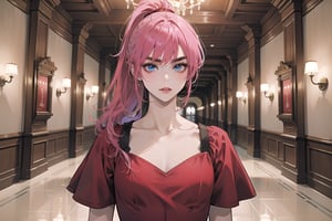 ((Fuchsia hair)), (thick eyebrows), (small chest:1.1), (bangs), ((long ponytail)), blue eyes, mad, wearing a ((red dress)), short sleeve, by Raphael, masterpiece, upper body shot, magnificent indoor hall,Argissa,1 girl