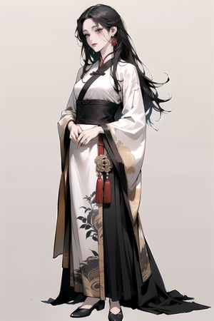 front view, standing pose, (Absurdres, Intricate Details, Masterpiece, Best Quality, High Resolution, 8k), (1woman), (female:1.2), mature face, (mature girl:1.2), (loose Chinese hanfu), finely detailed eyes and face, finely detailed hands and feet, slim figure, (black long straight hair:1.2), (purple eyes), (solo), full body shot, white background, plain background
