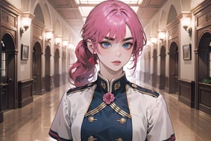 ((Fuchsia hair)), (thick eyebrows), (small chest:1.1), (bangs), ((long ponytail)), blue eyes, mad, wearing a ((militaryl uniform)), red tie, short sleeve, by Raphael, masterpiece, upper body shot, magnificent indoor hall,Argissa,1 girl