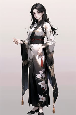 front view, standing pose, (Absurdres, Intricate Details, Masterpiece, Best Quality, High Resolution, 8k), (1woman), (female:1.2), mature face, (mature girl:1.2), (loose Chinese hanfu), finely detailed eyes and face, finely detailed hands and feet, slim figure, (black long straight hair:1.2), (purple eyes), (solo), full body shot, white background, plain background
