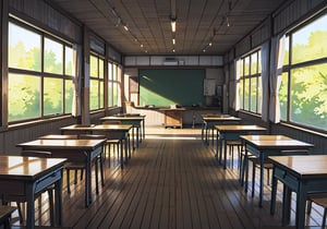 A vibrant and exaggerated anime-style modern classroom background filled with color and personality. The classroom is spacious with tall windows, and bright sunlight streams into the room. The scene is a close-up, focusing on the clean blackboard and the spacious podium at the front. Each wooden desk and chair is adorned with stickers or graffiti, reflecting the unique personalities of the students. The ceiling has fans and air conditioners, and the desks and chairs are arranged in a single row, cinematic composition, trending on ArtStation.