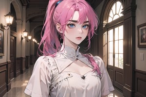 ((Fuchsia hair)), (thick eyebrows), (small chest:1.1), (bangs), ((long ponytail)), blue eyes, mad, wearing a ((dress)), short sleeve, by Raphael, masterpiece, upper body shot, magnificent indoor hall,Argissa,1 girl