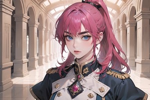 ((Fuchsia hair)), (thick eyebrows), (small chest:1.1), (bangs), ((long ponytail)), blue eyes, mad, wearing a ((militaryl uniform)), red tie, by Raphael, masterpiece, upper body shot, magnificent indoor hall,Argissa,1 girl