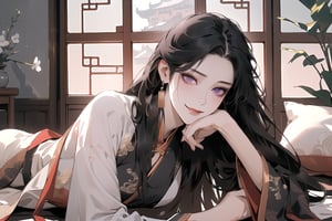 (upper body:1.3), depth of field, (Absurdres, Intricate Details, Masterpiece, Best Quality, High Resolution, 8k), (1woman), (female:1.2), mature face, (mature girl:1.2), smirk, (((Red)) Chinese hanfu), finely detailed eyes and face, finely detailed hands and feet, slim figure, (black long straight hair:1.2), (purple eyes), (focus on character:1.1), solo, full body shot, lying elegantly on a Chinese-style bed, intricate and ornate design, background with traditional Chinese architecture and elements, ethereal atmosphere, Depth of Field, soft and natural lighting, Chinese style, mysterious and calm, [ArtStation], [WLOP], [Artgerm]
