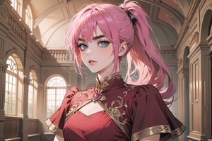 ((Fuchsia hair)), (thick eyebrows), (small chest:1.1), (bangs), ((long ponytail)), blue eyes, mad, wearing a ((red dress)), short sleeve, by Raphael, masterpiece, upper body shot, magnificent indoor hall,Argissa,1 girl