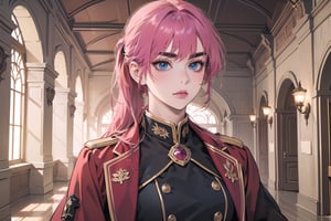 ((Fuchsia hair)), (thick eyebrows), (small chest:1.1), (bangs), ((long ponytail)), blue eyes, mad, wearing a ((militaryl uniform)), red tie, by Raphael, masterpiece, upper body shot, magnificent indoor hall,Argissa,1 girl