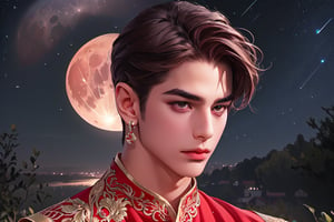 RWA photo, best quality, masterpiece, 8K resolution, ((solo:1.3)), ((1boy)), serious, Europe handsome teen boy, exquisite facial features, wearing luxurious (red Kurta), adorned with ruby earrings, ((brown hair)), ((dark skin)), ((long bangs)), (French Crop), black eyes, (thick eyebrows), close up portrait, perfect figure, cinematic lighting, in starlit night with (big moon)