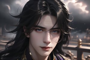 (cowboy shot), dynamic action style, (1man), (male:1.2), mature face, (mature boy:1.2), sinister smirk, (Chinese hanfu with black and gold accents), finely detailed eyes and face, (long black straight hair:1.2), (purple eyes:1.1), (focus on character:1.1), ((solo)), detailed face, detailed eyes, Chinese epic style, clear subject, ultra realistic, ultra detailed, OC rendering, blender, high detail, ultra high quality, dark and ominous atmosphere, dark clouds swirling, subtle mist