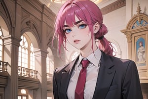 ((Fuchsia hair)), (thick eyebrows), (small chest:1.1), (bangs), ((long ponytail)), blue eyes, mad, wearing a ((suit)), red tie, by Raphael, masterpiece, upper body shot, magnificent indoor hall,Argissa,1 girl