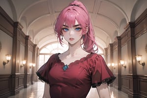 ((Fuchsia hair)), (thick eyebrows), (small chest:1.1), (bangs), ((long ponytail)), blue eyes, mad, wearing a ((red dress)), short sleeve, by Raphael, masterpiece, upper body shot, magnificent indoor hall,Argissa,1 girl