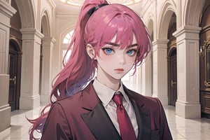 ((Fuchsia hair)), (thick eyebrows), (small chest:1.1), (bangs), ((long ponytail)), blue eyes, mad, wearing a ((suit)), red tie, by Raphael, masterpiece, upper body shot, magnificent indoor hall,Argissa,1 girl