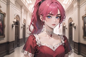 ((Fuchsia hair)), (thick eyebrows), (small chest:1.1), (bangs), ((long ponytail)), blue eyes, mad, wearing a ((red dress)), short sleeve, by Raphael, masterpiece, upper body shot, magnificent indoor hall,Argissa,1 girl