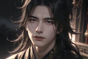 (cowboy shot), dynamic action style, (1man), (male:1.2), mature face, (mature boy:1.2), sinister smirk, (Chinese hanfu with black and gold accents), finely detailed eyes and face, (long black straight hair:1.2), (purple eyes:1.1), (focus on character:1.1), ((solo)), detailed face, detailed eyes, Chinese epic style, clear subject, ultra realistic, ultra detailed, OC rendering, blender, high detail, ultra high quality, dark and ominous atmosphere, dark clouds swirling, subtle mist