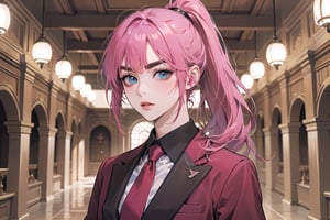 ((Fuchsia hair)), (thick eyebrows), (small chest:1.1), (bangs), ((long ponytail)), blue eyes, mad, wearing a ((suit)), red tie, by Raphael, masterpiece, upper body shot, magnificent indoor hall,Argissa,1 girl