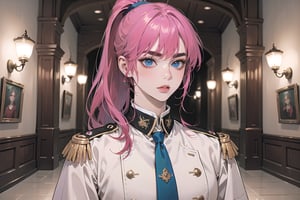 ((Fuchsia hair)), (thick eyebrows), (small chest:1.1), (bangs), ((long ponytail)), blue eyes, mad, wearing a ((militaryl uniform)), red tie, by Raphael, masterpiece, upper body shot, magnificent indoor hall,Argissa,1 girl