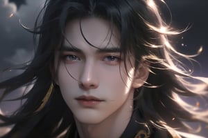 (cowboy shot), dynamic action style, (1man), (male:1.2), mature face, (mature boy:1.2), sinister smirk, (Chinese hanfu with black and gold accents), finely detailed eyes and face, (long black straight hair:1.2), (purple eyes:1.1), (focus on character:1.1), ((solo)), detailed face, detailed eyes, Chinese epic style, clear subject, ultra realistic, ultra detailed, OC rendering, blender, high detail, ultra high quality, dark and ominous atmosphere, dark clouds swirling, subtle mist