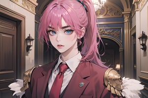 ((Fuchsia hair)), (thick eyebrows), (small chest:1.1), (bangs), ((long ponytail)), blue eyes, mad, wearing a ((suit)), red tie, by Raphael, masterpiece, upper body shot, magnificent indoor hall,Argissa,1 girl