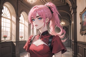 ((Fuchsia hair)), (thick eyebrows), (small chest:1.1), (bangs), ((long ponytail)), blue eyes, mad, wearing a ((red dress)), short sleeve, by Raphael, masterpiece, upper body shot, magnificent indoor hall,Argissa,1 girl