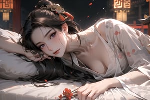 (upper body:1.3), depth of field, (Absurdres, Intricate Details, Masterpiece, Best Quality, High Resolution, 8k), (1woman), (female:1.2), mature face, (mature girl:1.2), smirk, (((Red)) Chinese hanfu), finely detailed eyes and face, finely detailed hands and feet, slim figure, (black long straight hair:1.2), (purple eyes), (focus on character:1.1), solo, full body shot, lying elegantly on a Chinese-style bed, intricate and ornate design, background with traditional Chinese architecture and elements, ethereal atmosphere, Depth of Field, soft and natural lighting, Chinese style, mysterious and calm, [ArtStation], [WLOP], [Artgerm]
