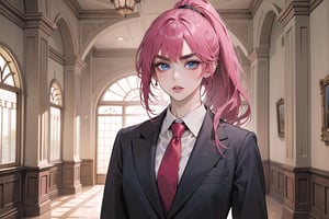 ((Fuchsia hair)), (thick eyebrows), (small chest:1.1), (bangs), ((long ponytail)), blue eyes, mad, wearing a ((suit)), red tie, by Raphael, masterpiece, upper body shot, magnificent indoor hall,Argissa,1 girl