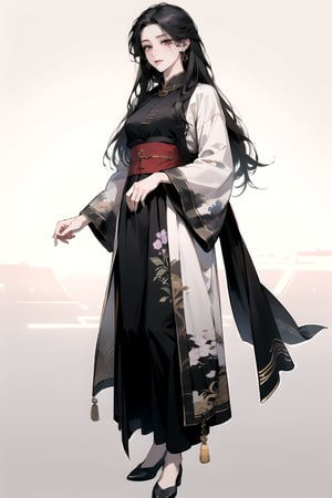 front view, standing pose, (Absurdres, Intricate Details, Masterpiece, Best Quality, High Resolution, 8k), (1woman), (female:1.2), mature face, (mature girl:1.2), (loose Chinese hanfu), finely detailed eyes and face, finely detailed hands and feet, slim figure, (black long straight hair:1.2), (purple eyes), (solo), full body shot, white background, plain background
