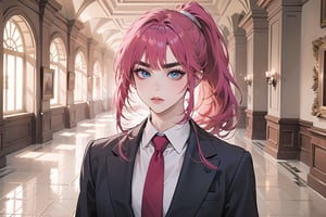 ((Fuchsia hair)), (thick eyebrows), (small chest:1.1), (bangs), ((long ponytail)), blue eyes, mad, wearing a ((suit)), red tie, by Raphael, masterpiece, upper body shot, magnificent indoor hall,Argissa,1 girl