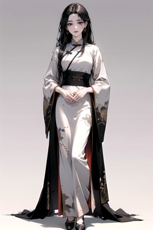 front view, standing pose, (Absurdres, Intricate Details, Masterpiece, Best Quality, High Resolution, 8k), (1woman), (female:1.2), mature face, (mature girl:1.2), (loose Chinese hanfu), finely detailed eyes and face, finely detailed hands and feet, slim figure, (black long straight hair:1.2), (purple eyes), (solo), full body shot, white background, plain background
