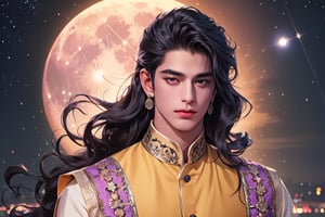 RWA photo, best quality, masterpiece, 8K resolution, ((solo:1.3)), ((1boy)), smirk, Europe handsome teen boy, exquisite facial features, wearing luxurious (purple Kurta), adorned with crystal earrings, ((black long wavy hair)), ((floating hair)), ((very dark skin)), fat lip, black eyes, thick eyebrows, (beard), close up portrait, perfect figure, cinematic lighting, in starlit night with (big moon)