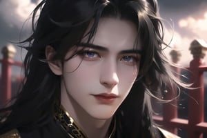 (cowboy shot), dynamic action style, (1man), (male:1.2), mature face, (mature boy:1.2), sinister smirk, (Chinese hanfu with black and gold accents), finely detailed eyes and face, (long black straight hair:1.2), (purple eyes:1.1), (focus on character:1.1), ((solo)), detailed face, detailed eyes, Chinese epic style, clear subject, ultra realistic, ultra detailed, OC rendering, blender, high detail, ultra high quality, dark and ominous atmosphere, dark clouds swirling, subtle mist