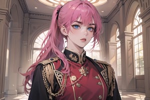 ((Fuchsia hair)), (thick eyebrows), (small chest:1.1), (bangs), ((long ponytail)), blue eyes, mad, wearing a ((militaryl uniform)), red tie, by Raphael, masterpiece, upper body shot, magnificent indoor hall,Argissa,1 girl