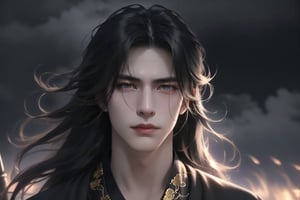 (cowboy shot), dynamic action style, (1man), (male:1.2), mature face, (mature boy:1.2), sinister smirk, (Chinese hanfu with black and gold accents), finely detailed eyes and face, (long black straight hair:1.2), (purple eyes:1.1), (focus on character:1.1), ((solo)), detailed face, detailed eyes, Chinese epic style, clear subject, ultra realistic, ultra detailed, OC rendering, blender, high detail, ultra high quality, dark and ominous atmosphere, dark clouds swirling, subtle mist