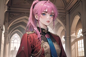 ((Fuchsia hair)), (thick eyebrows), (small chest:1.1), (bangs), ((long ponytail)), blue eyes, mad, wearing a ((militaryl uniform)), red tie, by Raphael, masterpiece, upper body shot, magnificent indoor hall,Argissa,1 girl