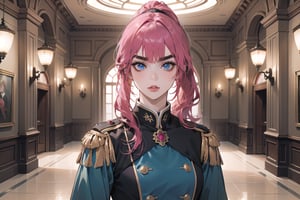 ((Fuchsia hair)), (thick eyebrows), (small chest:1.1), (bangs), ((long ponytail)), blue eyes, mad, wearing a ((militaryl uniform)), red tie, by Raphael, masterpiece, upper body shot, magnificent indoor hall,Argissa,1 girl