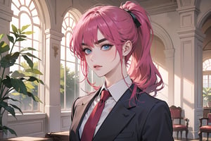 ((Fuchsia hair)), (thick eyebrows), (small chest:1.1), (bangs), ((long ponytail)), blue eyes, mad, wearing a ((suit)), red tie, by Raphael, masterpiece, upper body shot, magnificent indoor hall,Argissa,1 girl