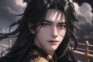 (cowboy shot), dynamic action style, (1man), (male:1.2), mature face, (mature boy:1.2), sinister smirk, (Chinese hanfu with black and gold accents), finely detailed eyes and face, (long black straight hair:1.2), (purple eyes:1.1), (focus on character:1.1), ((solo)), detailed face, detailed eyes, Chinese epic style, clear subject, ultra realistic, ultra detailed, OC rendering, blender, high detail, ultra high quality, dark and ominous atmosphere, dark clouds swirling, subtle mist