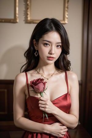 (best quality,4k,8k,highres,masterpiece:1.2),ultra-detailed,(realistic,photorealistic,photo-realistic:1.37),portrait,alluring and elegant Asian woman,glamorous evening attire,Ondas e Nuances,detailed symmetric dark brown eyes,circular iris,vivid colors,luxurious indoor setting,soft warm lighting,rosy cheeks,pure background with red and gold hues,soft natural lighting,grace and allure,shimmering eyes,confident and serene expression,red satin dress with delicate straps,holding a red rose,diamond necklace and earrings,glowing skin,long wavy black hair,subtle makeup highlighting her features,charm and sophistication in her gaze,striking beauty,elegant and enchanting ambiance.
