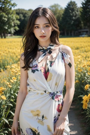 (best quality,4k,8k,highres,masterpiece:1.2),ultra-detailed,(realistic,photorealistic,photo-realistic:1.37),portrait,alluring and elegant young woman,field of yellow flowers attire,Ondas e Nuances,detailed symmetric hazel eyes,circular iris,warm tones,field scenery,soft sunlight,light breeze,rosy cheeks,pure golden background,subtle natural lighting,grace and allure,glowing eyes,confident and serene expression,elegant dress with floral patterns,fragrant field air,gentle wind rustling her hair,hint of peach on her lips,elegant posture,confident stance,delicate makeup,smooth wavy blonde hair,charm and sophistication in her gaze,striking beauty,field of blooming yellow flowers in the background,peaceful and enchanting floral scene.
