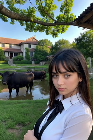 A serene rural scene unfolds, with two water buffaloes resting by the shallow pond, surrounded by lush grasses. A young girl, dressed in a striking black school uniform with a crisp white collar, sits calmly on one of the buffaloes, wearing a solemn expression. Her dark hair falls just above her shoulders, framing her pale complexion. The modern city skyline rises in the background, juxtaposing the tranquil rural life with the bustling urban environment. The contrast is striking, as the tall skyscraper pierces the sky, while the girl's vacant gaze seems to pierce through the scene, creating an eerie atmosphere.